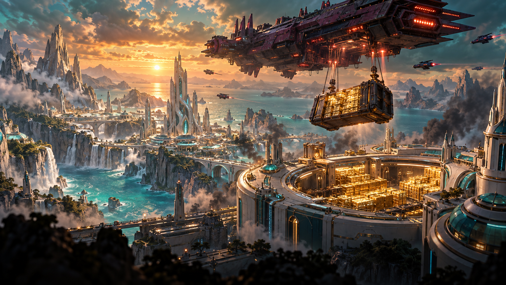 A Varkh ship carries a load of gold above Aster’s cities