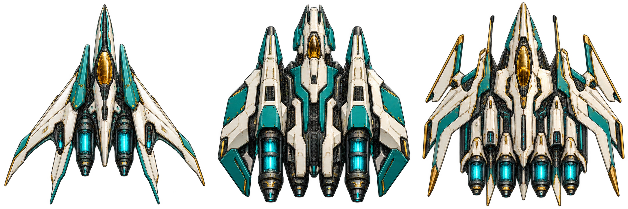 Three white and turquoise Squadron 07 ships