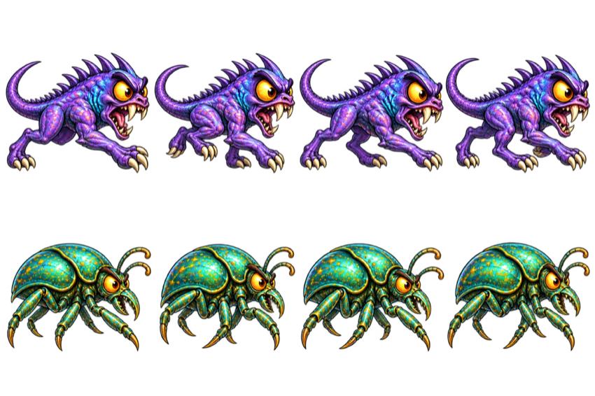 Purple and turquoise alien creatures from Gold Catcher
