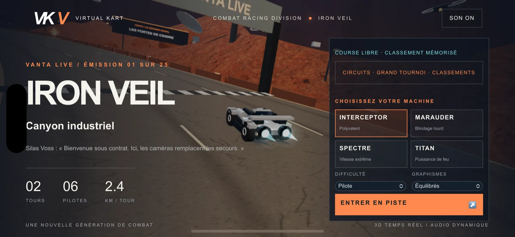 Virtual Kart iOS app in landscape showing the garage, the Iron Veil track, and vehicle selection