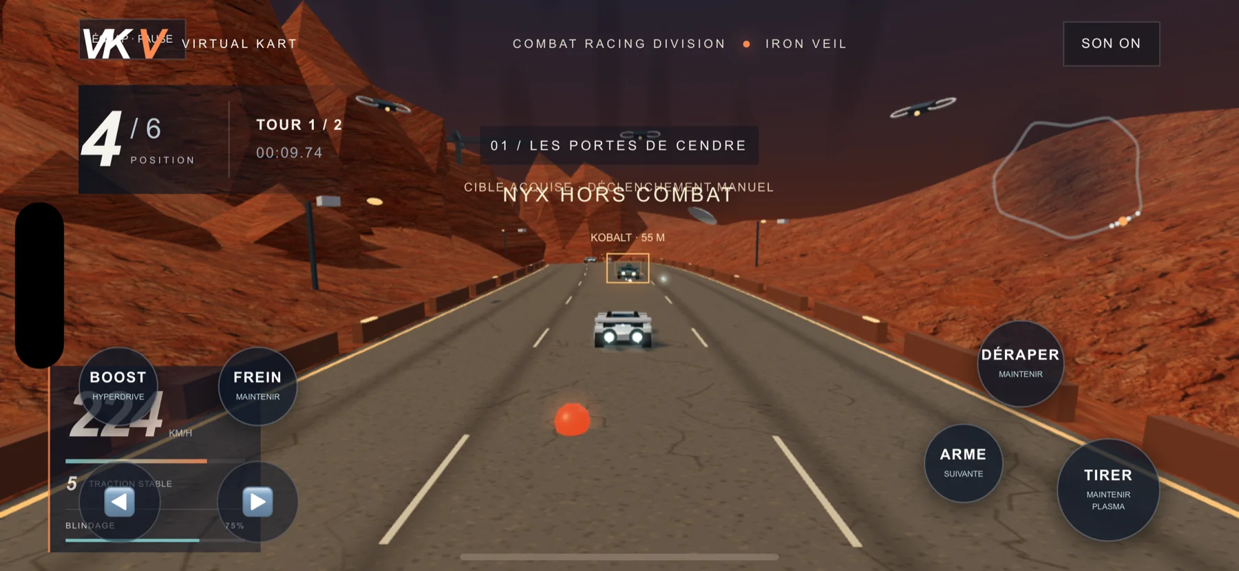 Virtual Kart race on an iPhone in landscape with touch steering, brake, boost, drift, weapon selection and fire controls visible