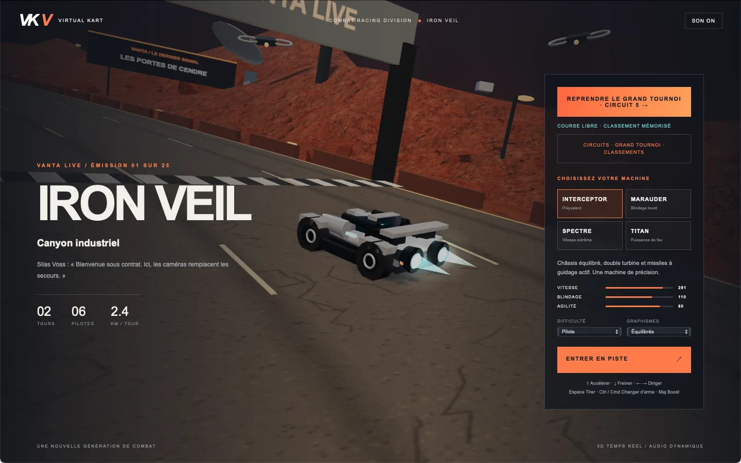 Virtual Kart macOS app showing the Iron Veil garage, the Interceptor vehicle, and difficulty and graphics settings